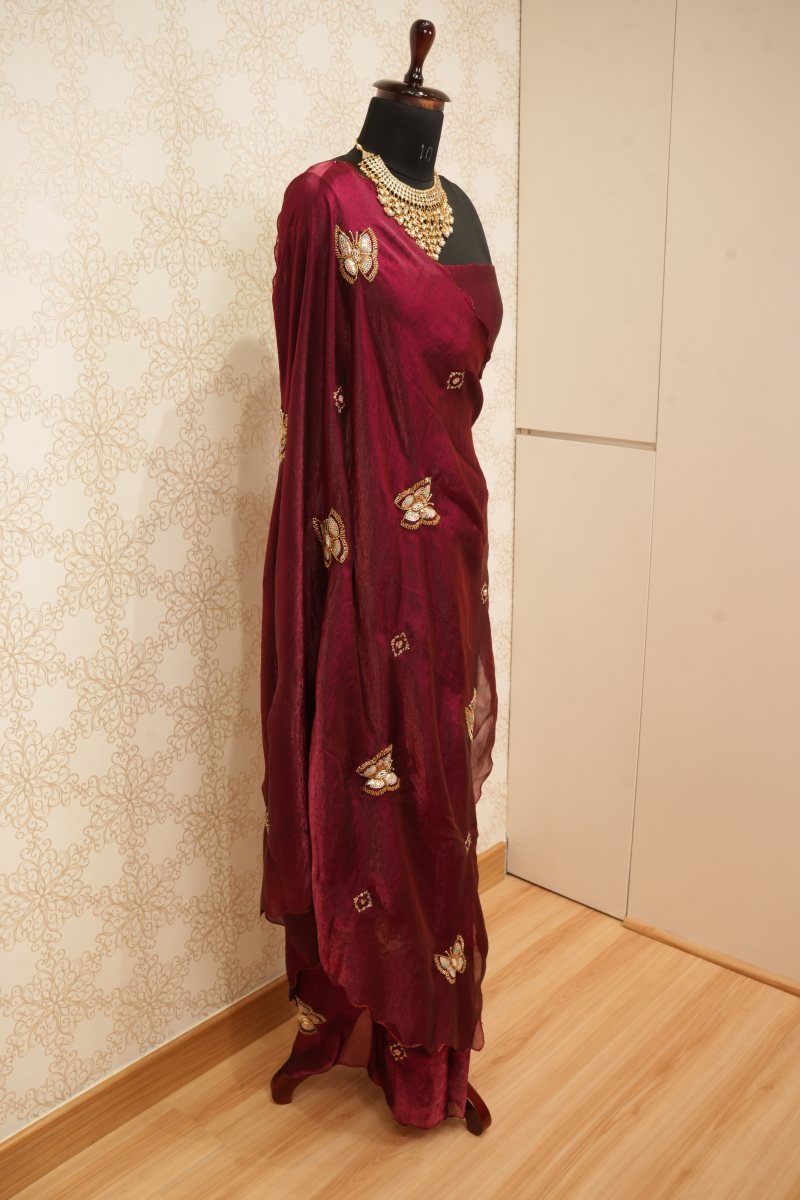 Dark Wine Crepe Silk Saree with Butterfly Motifs — photo 5