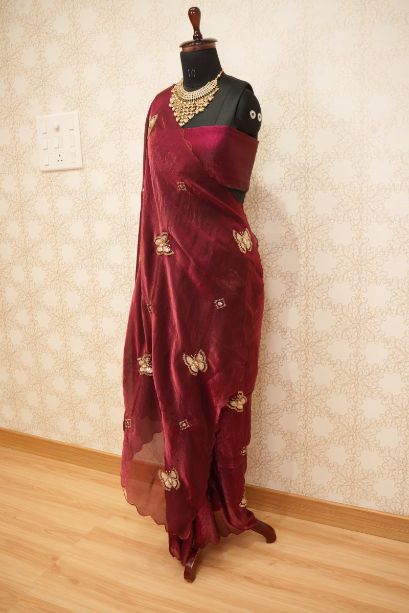 Dark Wine Crepe Silk Saree with Butterfly Motifs — photo 3